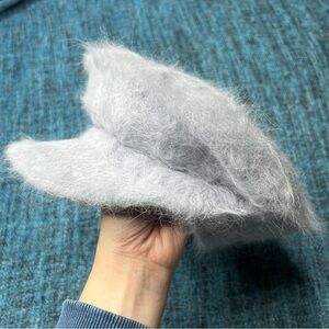 Angora Rabbit Fur Beret Hat with Brim in Light Grey Newsboy Cap